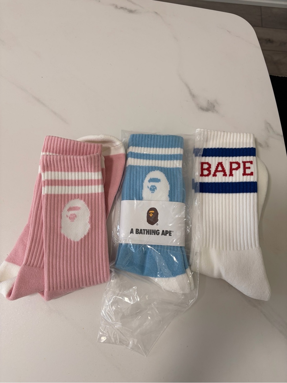 A Bathing Ape 3-Pack Athletic Crew Socks — Pink, Blue & White